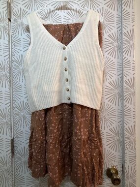 Cream Knit Button-Front Vest with Brown Floral Skirt
